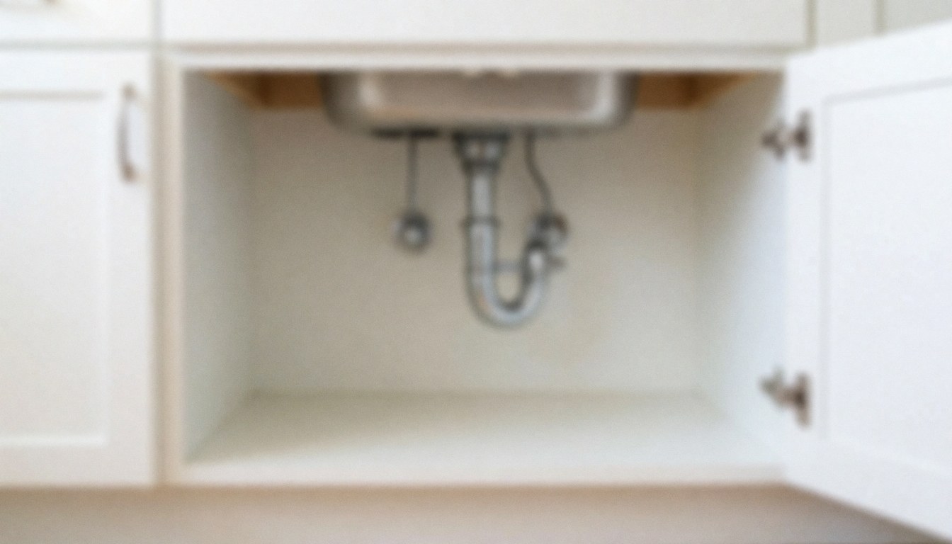 Vue rapprochée d'une armoire blanche sous un évier, avec des tuyaux visibles en arrière-plan flou, servant de fond neutre pour du texte commercial.