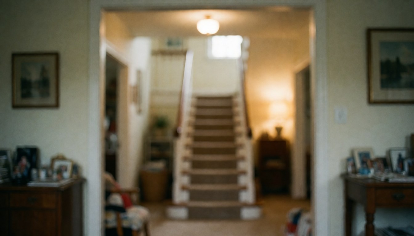 Vue d'un escalier intérieur en bois équipé d'un tapis antidérapant, de barreaux de sécurité et d'une lumière ambiante chaleureuse provenant des fenêtres et du plafond.