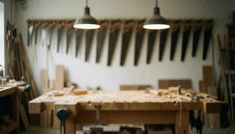 Vue d'un établi en bois dans un atelier, entouré d'outils divers et éclairé par des lumières industrielles, servant de fond texturé pour du texte.