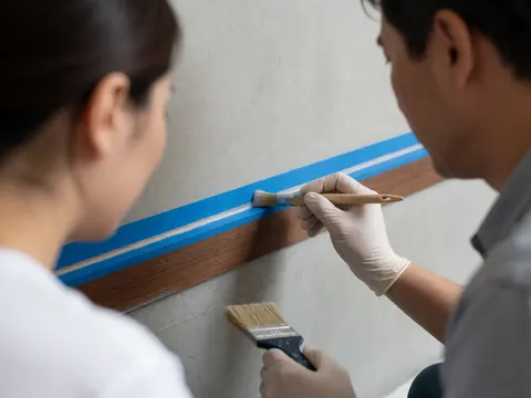 Deux peintres collaborent sur une base en bois, utilisant de la peinture et du ruban bleu pour assurer précision et soin dans leur travail professionnel.