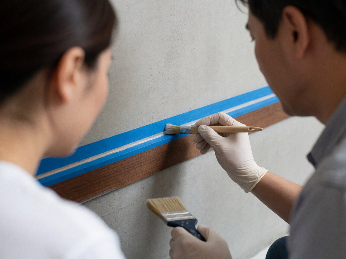 Deux peintres collaborent sur une base en bois, utilisant de la peinture et du ruban bleu pour assurer précision et soin dans leur travail professionnel.