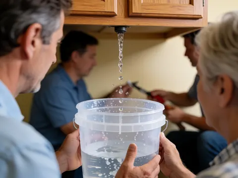 Goutte d'eau tombant dans un seau en plastique blanc utilisé pour capter une fuite, dans un contexte de réparation intérieure.