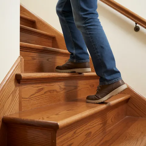 Vue rapprochée d'un escalier en bois clair avec une main reposant sur la barre latérale, montrant les marches et la qualité du matériau.