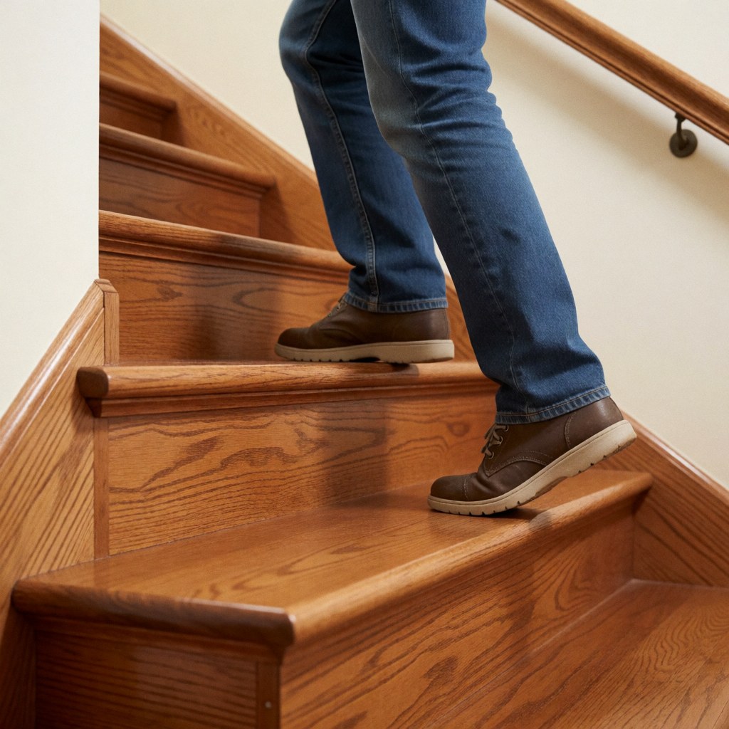 Vue rapprochée d'un escalier en bois clair avec une main reposant sur la barre latérale, montrant les marches et la qualité du matériau.