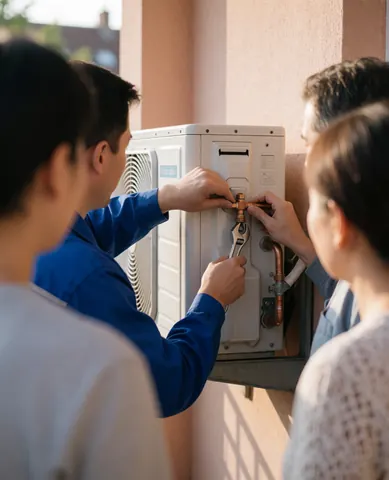 Un technicien en uniforme bleu installe un climatiseur sur un balcon avec des murs en terre cuite sous une lumière naturelle.
