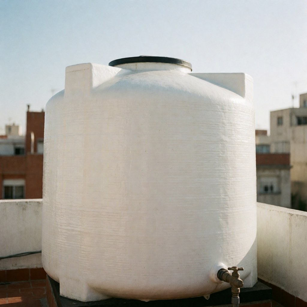 Un réservoir d'eau potable blanc en fibre de verre installé sur une terrasse urbaine sous un ciel clair, illustrant la durabilité et les matériaux de construction.
