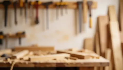 Divers outils de menuiserie accrochés sur un mur en bois dans un atelier, créant un arrière-plan texturé et chaleureux idéal pour ajouter du texte.