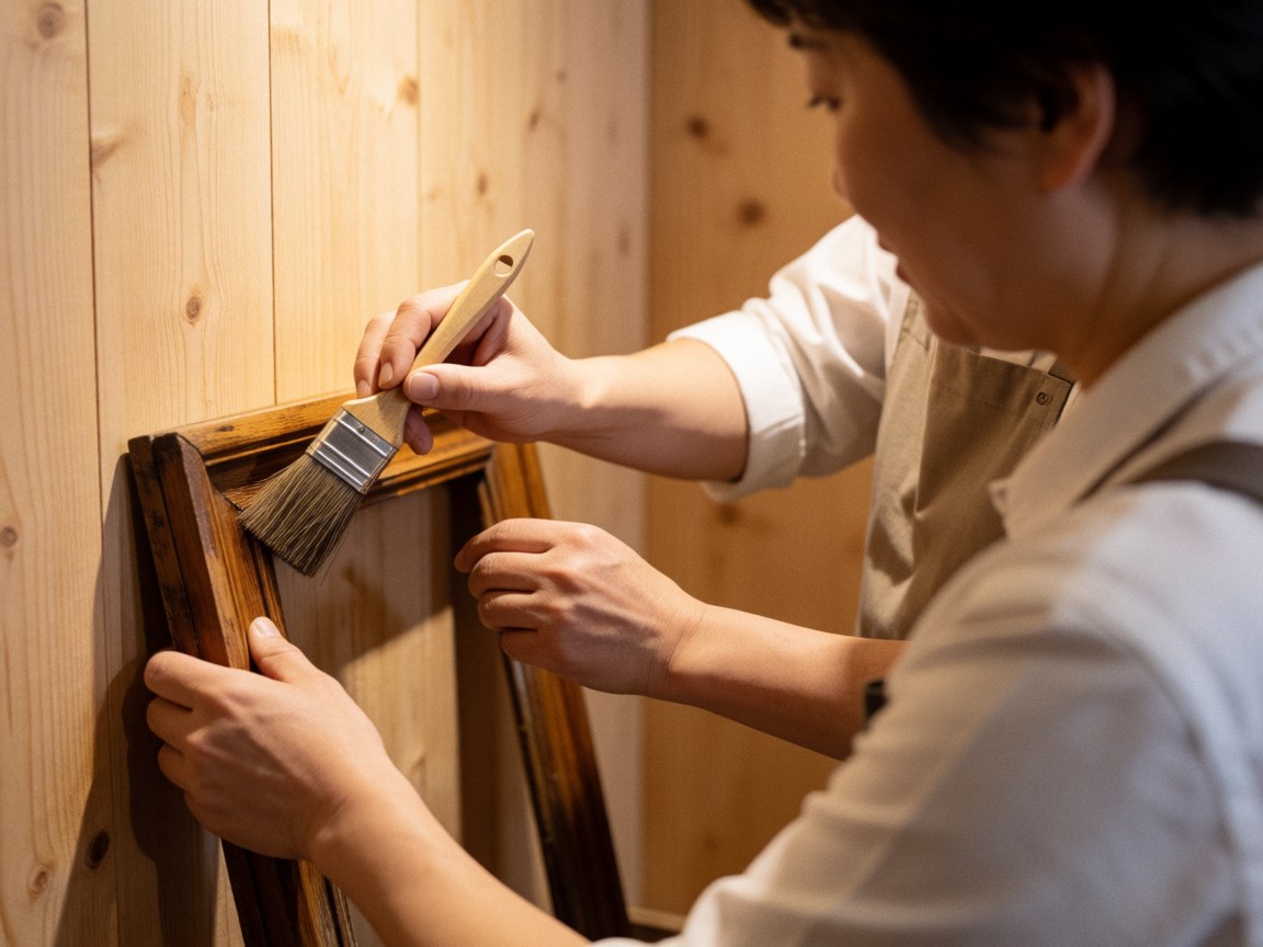Une main professionnelle applique du vernis avec un pinceau sur un ancien cadre en bois, éclairage chaleureux et travail de restauration.
