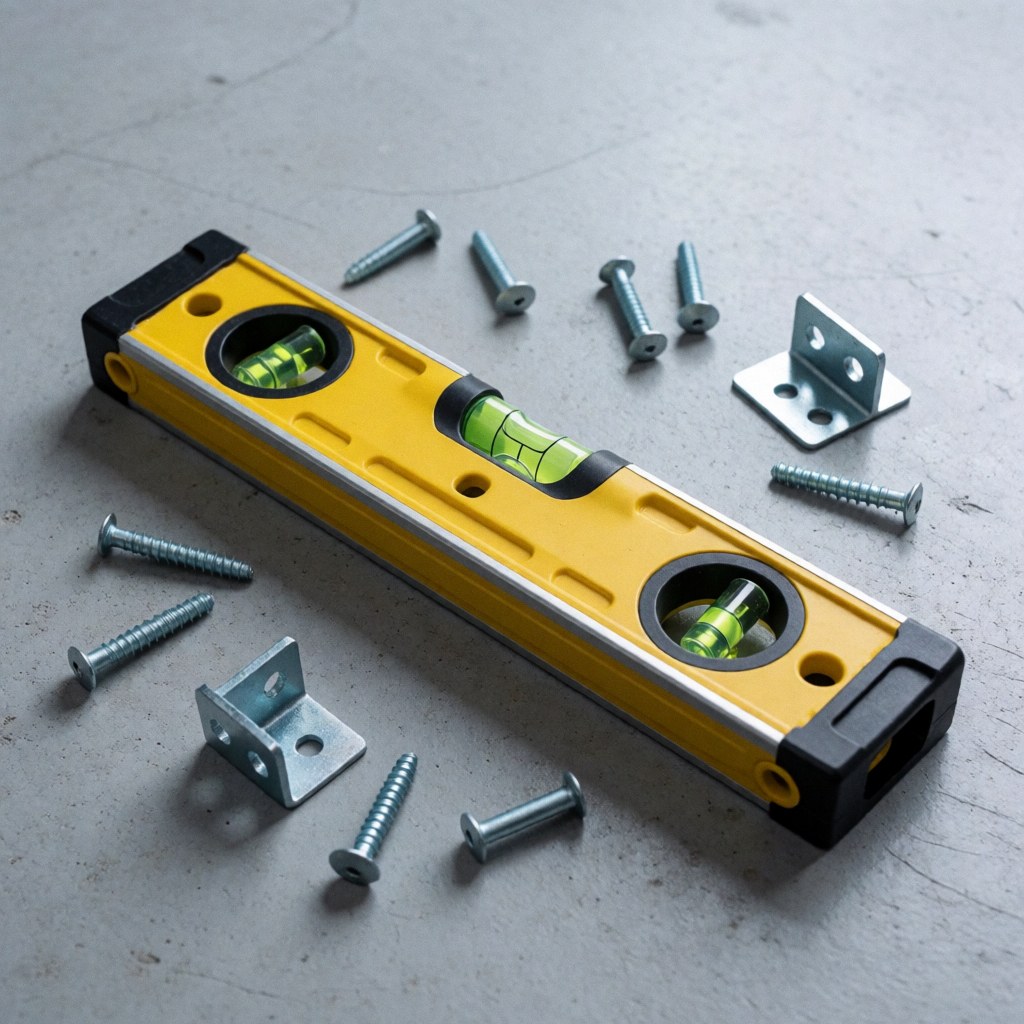 Niveau à bulles jaune et noir posé sur un sol en béton gris, entouré de vis et de supports métalliques dans un environnement industriel propre.