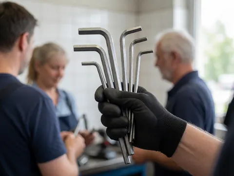 Des mains portant des gants de travail tiennent plusieurs clés Allen en métal, outils de précision utilisés pour le montage et la maintenance industrielle.
