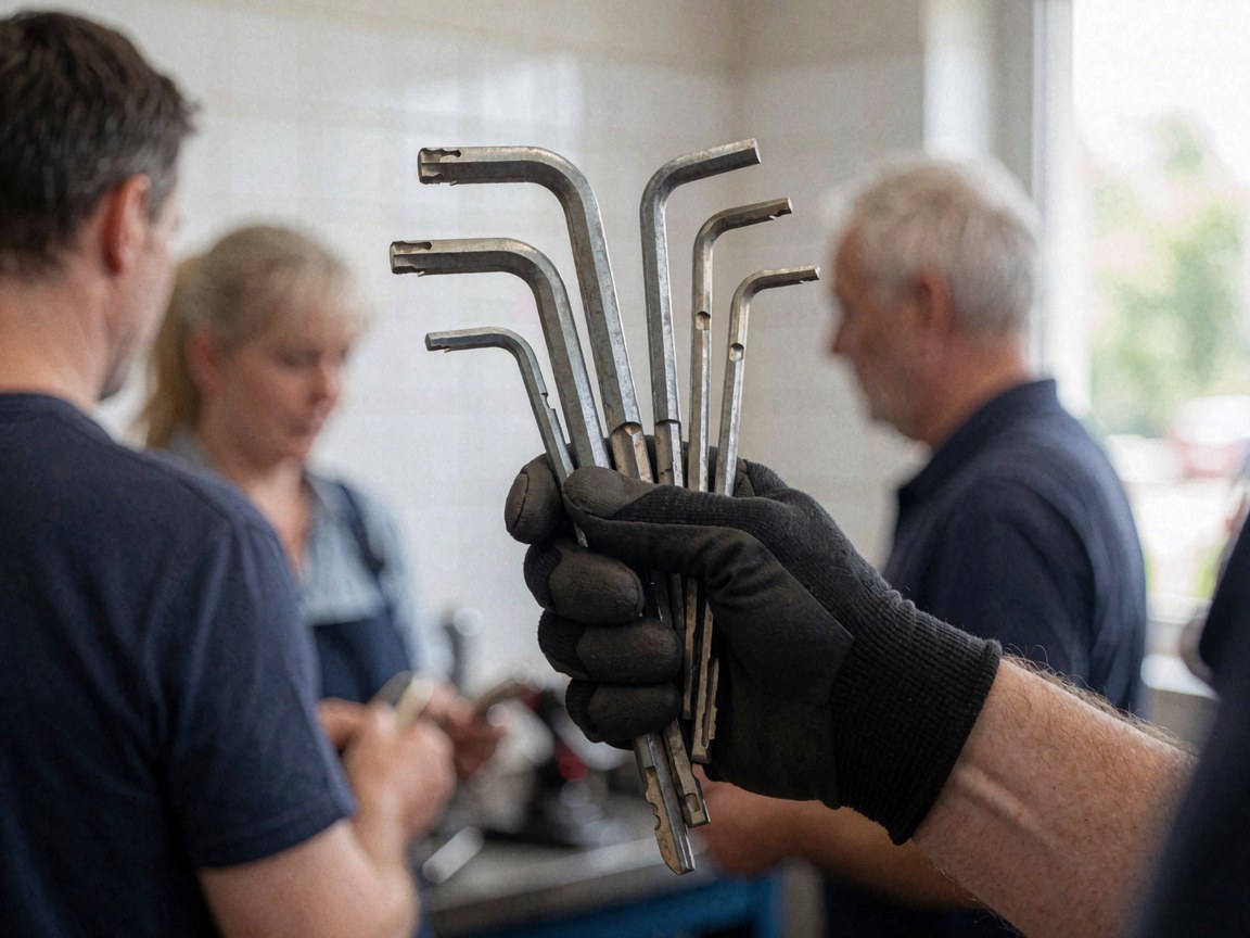 Des mains portant des gants de travail tiennent plusieurs clés Allen en métal, outils de précision utilisés pour le montage et la maintenance industrielle.