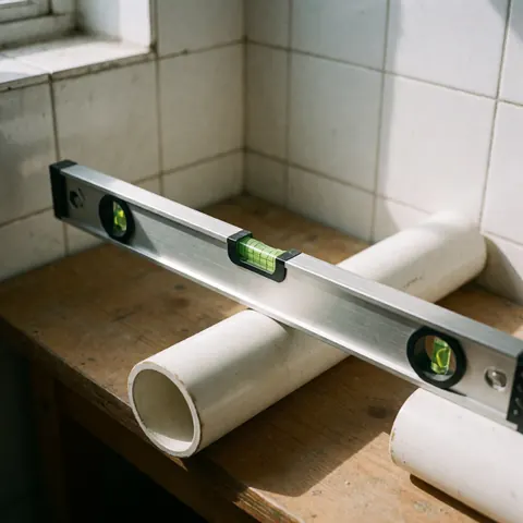 Gros plan d'un niveau à bulles métallique posé sur une surface en bois, avec des tuyaux PVC et des carreaux en arrière-plan, éclairé par la lumière naturelle.