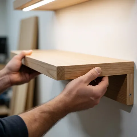 Des mains posent une étagère en bois clair sur un mur blanc dans un atelier lumineux, soulignant la qualité du travail et la finition soignée.