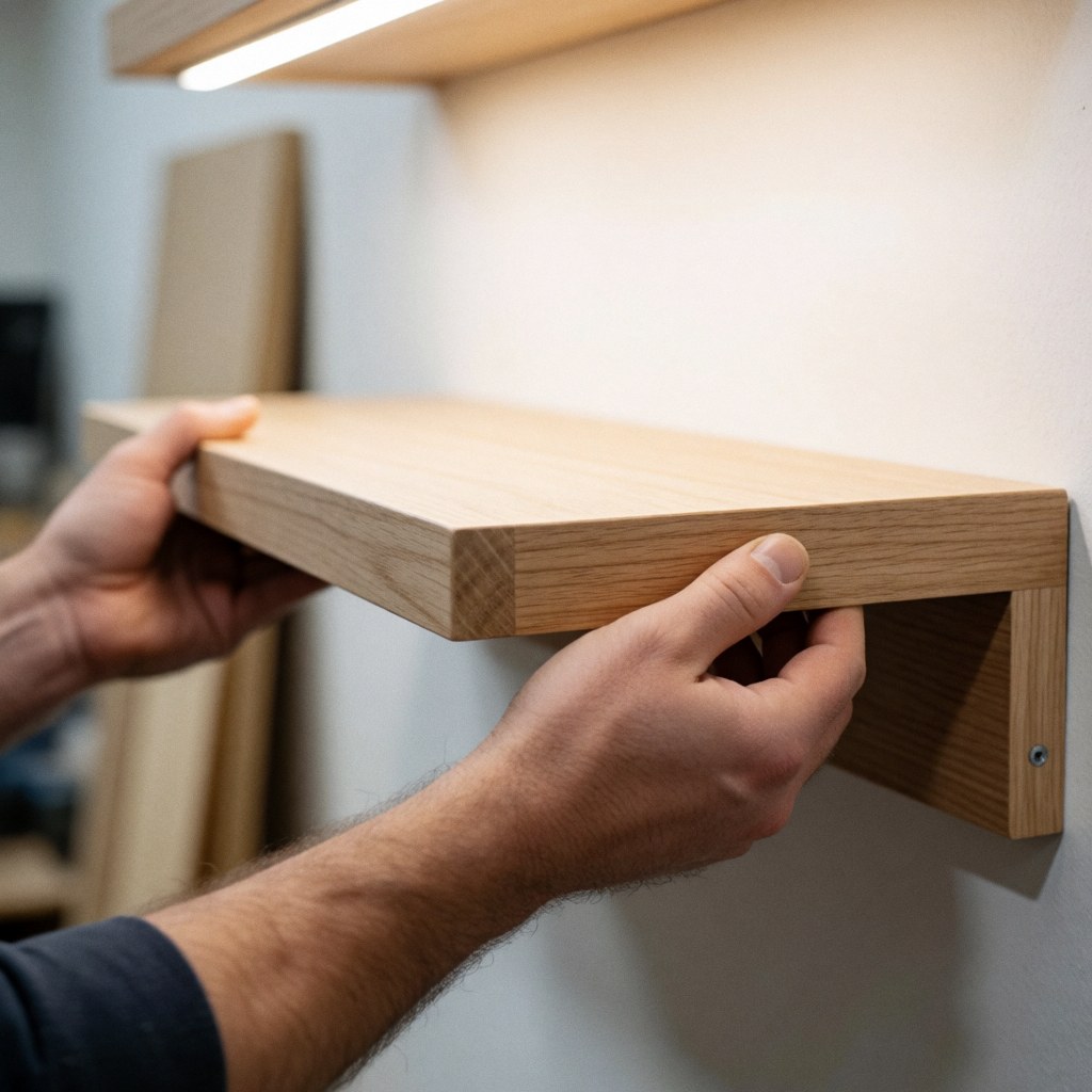 Des mains posent une étagère en bois clair sur un mur blanc dans un atelier lumineux, soulignant la qualité du travail et la finition soignée.