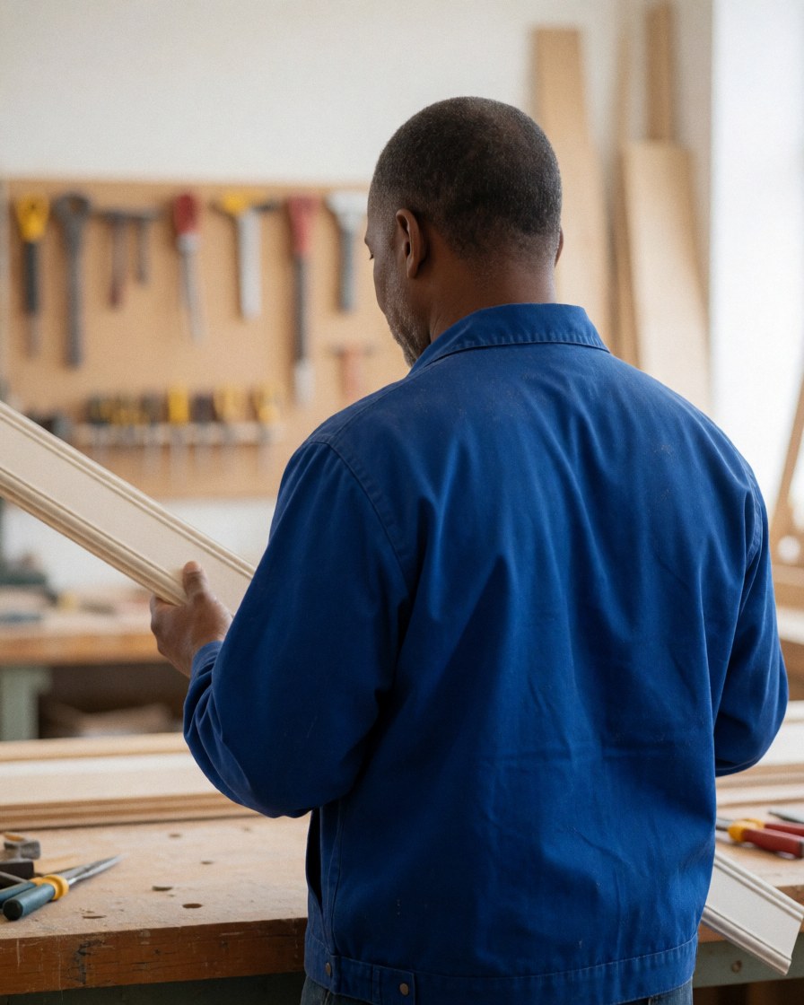 Un menuisier de dos inspecte une moulure en bois dans un atelier bien rangé avec des outils suspendus et une lumière naturelle.