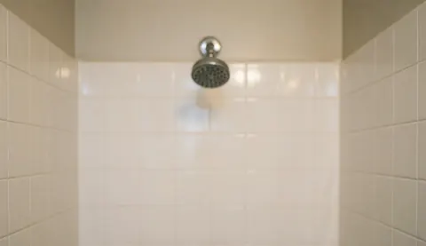 Fond de douche composé de carreaux blancs et d'un pommeau chromé, idéal pour les textes sur les services de rénovation et d'entretien des salles de bain.