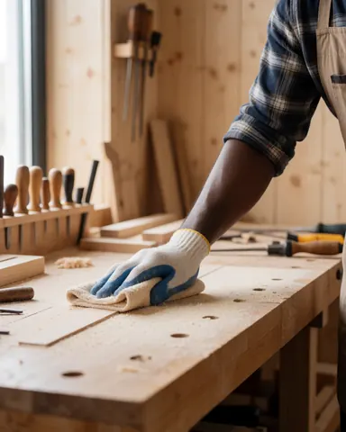 Une personne effectue un nettoyage professionnel sur une surface en bois à l'aide d'outils adaptés.