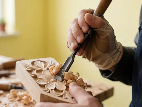 Main gantée sculptant un motif floral sur du bois avec un ciseau, copeaux tombant, mur jaune en arrière-plan, atelier de menuiserie artisanale.