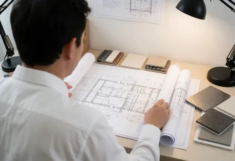 Un concepteur vérifie les plans d'une cuisine professionnelle dans un bureau, entouré d'échantillons de matériaux tels que l'acier, la céramique et le bois, sous un éclairage pratique.