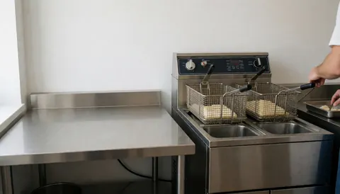 Vue d'une cuisine commerciale propre et bien équipée, incluant des friteuses et des casseroles prêtes pour le service.
