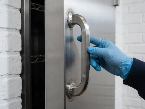 Une main portant un gant bleu ferme la porte métallique d'un équipement de réfrigération commercial sur fond de mur en briques blanches.