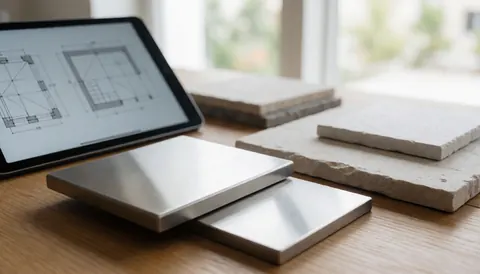 Présentation d'échantillons de matériaux tels que l'acier, la pierre, le métal et le bois disposés sur une table claire avec des plans architecturaux et une tablette pour un projet de design intérieur.