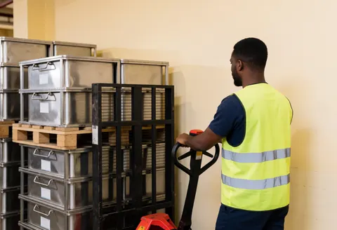Un employé portant un gilet de sécurité pousse un chariot élévateur manuel chargé de caisses métalliques dans un entrepôt industriel aux murs clairs.