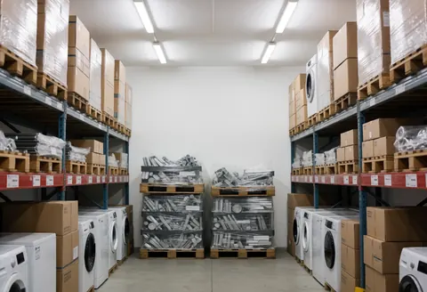 Entrepôt industriel avec étagères hautes, palettes d'accessoires et appareils neufs comme des lave-linge et sèche-linge, prêts à la vente.