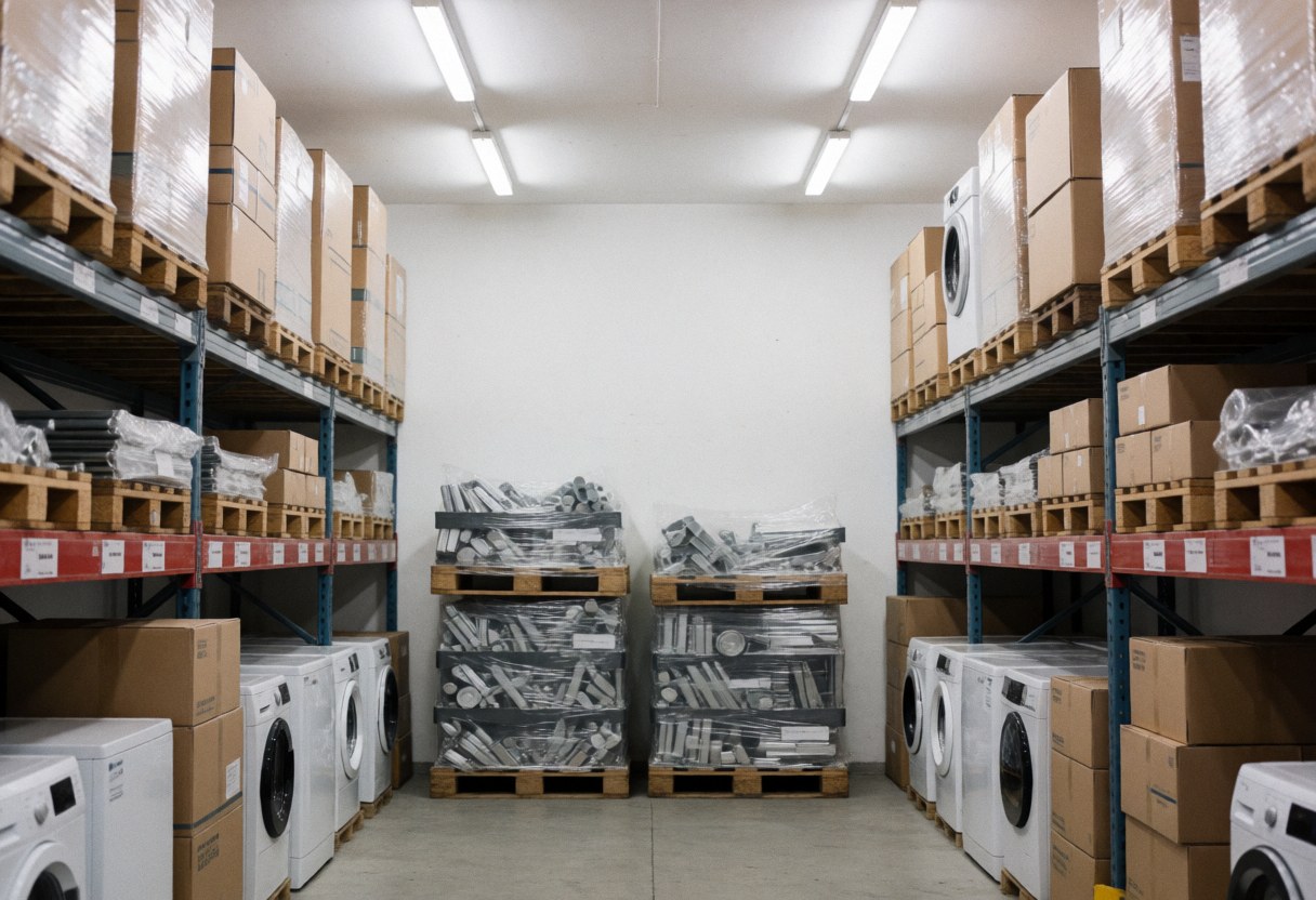 Entrepôt industriel avec étagères hautes, palettes d'accessoires et appareils neufs comme des lave-linge et sèche-linge, prêts à la vente.