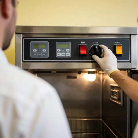 Un opérateur en gant ajuste le cadran d'un lave-vaisselle industriel en acier inoxydable avec panneau numérique et lumières dans une cuisine professionnelle.