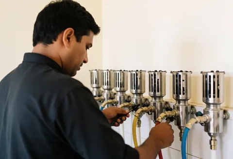 Un technicien professionnel raccorde des conduites de gaz aux brûleurs de cuisine lors d'une installation, avec outils et équipement métallique sous lumière naturelle.