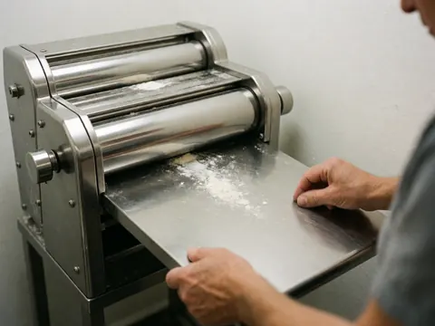 Mains travaillant sur un pétrin industriel en acier inoxydable avec de la farine, dans une cuisine professionnelle propre et bien éclairée, sur fond blanc.