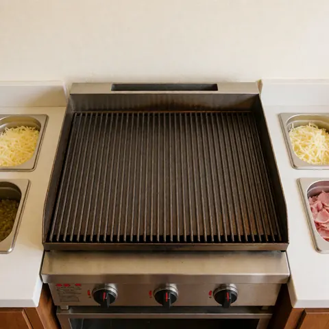 Vue rapprochée d'une plaque de cuisson professionnelle en acier inoxydable sur un comptoir de cuisine commerciale, prête à être utilisée pour la préparation de divers plats.