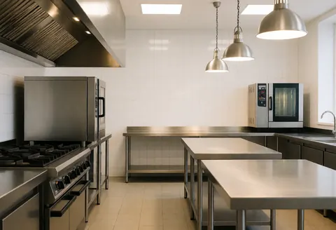 Intérieur d'une cuisine commerciale propre et vide avec murs carrelés blancs, comptoirs en acier inoxydable et équipements de cuisson professionnels.