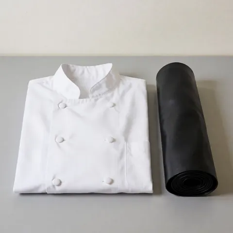 Chemise blanche de chef pliée à côté d'un tablier noir enroulé sur une surface grise, idéal pour montrer des vêtements de cuisine professionnels.