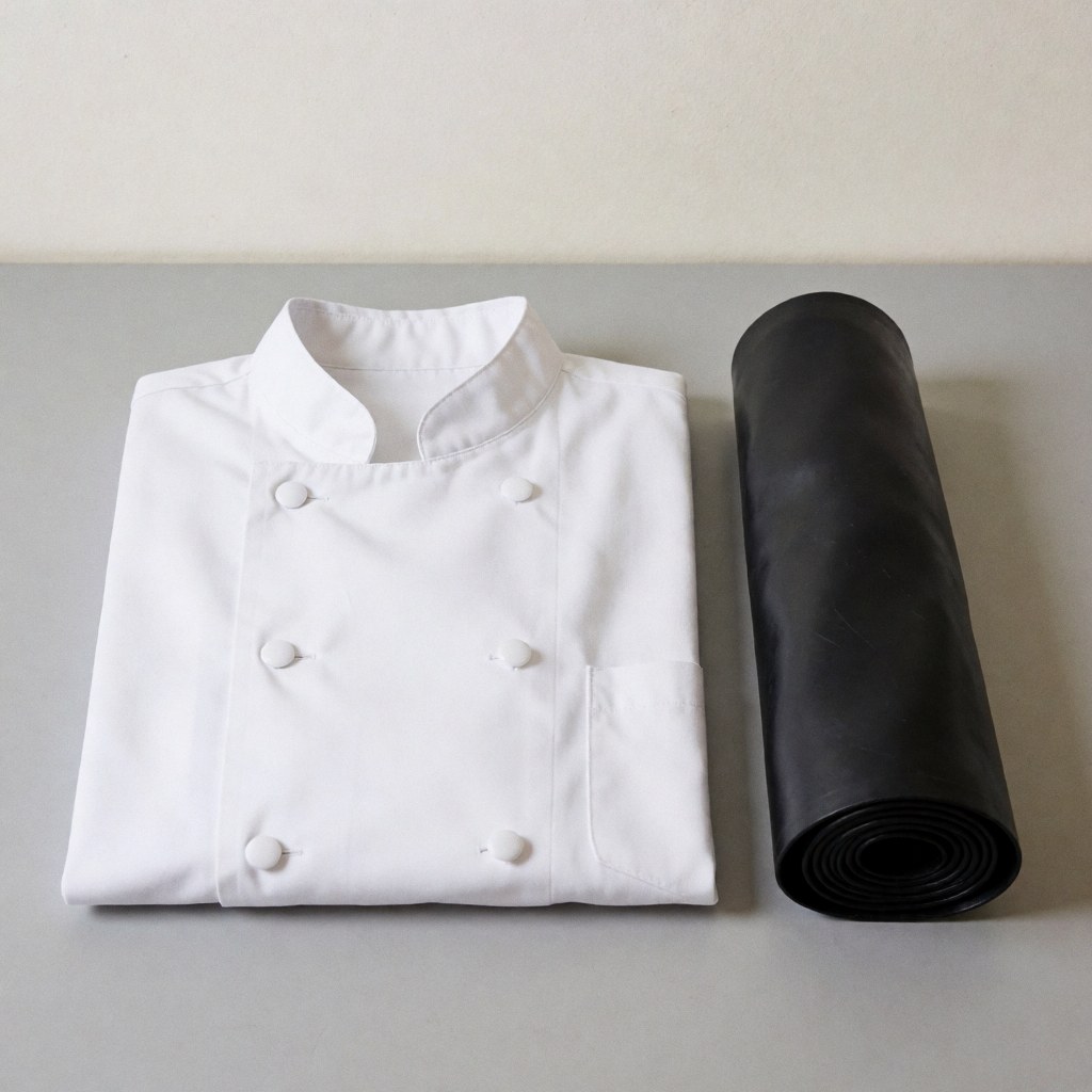 Chemise blanche de chef pliée à côté d'un tablier noir enroulé sur une surface grise, idéal pour montrer des vêtements de cuisine professionnels.