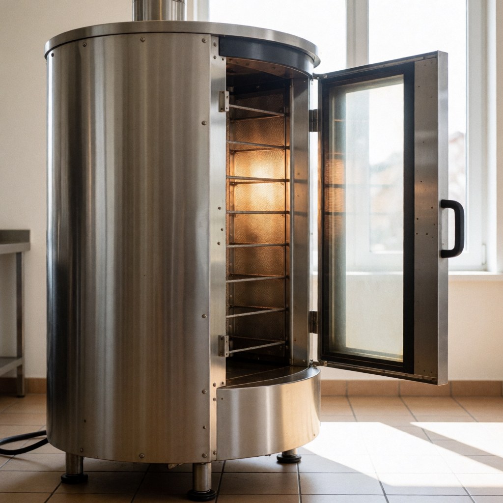 Four rotissoire professionnel en acier inoxydable avec porte ouverte montrant les broches vides dans une cuisine professionnelle.