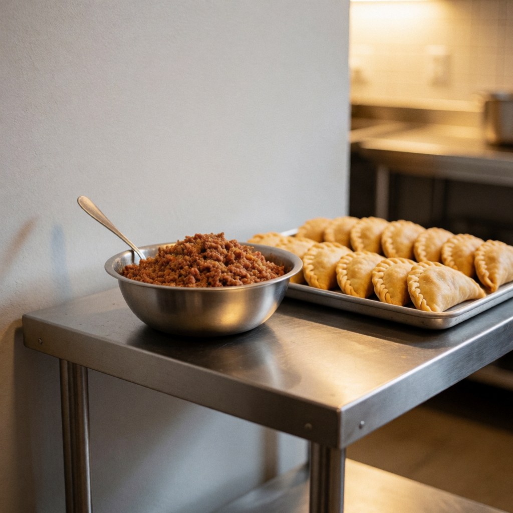 Une table en acier inoxydable préparée pour la cuisson d'empanadas avec des ingrédients et des ustensiles de cuisine professionnelle.