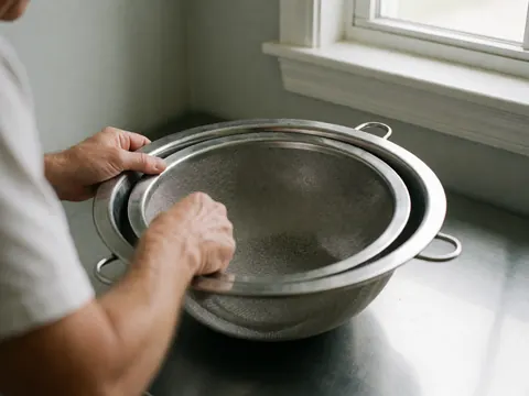 Des colanders en acier inoxydable posés sur une table, reflétant la lumière naturelle venant d'une fenêtre.