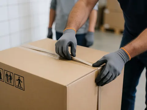 Des mains portant des gants de travail fixent du ruban adhésif sur une grande boîte en carton marquée de symboles de manutention dans un entrepôt.