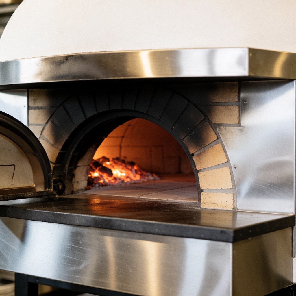 Un four à pizza traditionnel en briques réfractaires avec des flammes visibles, utilisé dans une cuisine professionnelle pour la cuisson de pizzas.