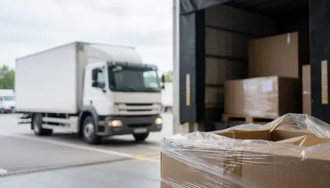 Vue d'un entrepôt industriel où du personnel effectue un chargement professionnel de camions avec des palettes et des colis, sur un fond flou adapté à la mise en page de textes publicitaires pour services logistiques.