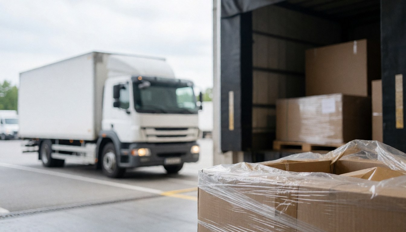 Vue d'un entrepôt industriel où du personnel effectue un chargement professionnel de camions avec des palettes et des colis, sur un fond flou adapté à la mise en page de textes publicitaires pour services logistiques.