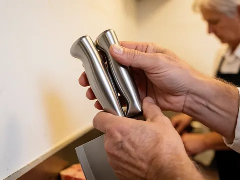 Gros plan sur une main saisissant fermement le manche d'un couteau professionnel en acier inoxydable brillant, utilisé dans un environnement de cuisine ou de boucherie.