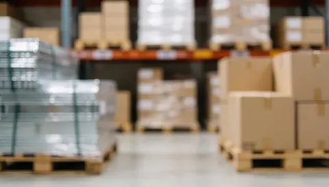 Arrière-plan neutre d'un entrepôt montrant des palettes en bois empilées et des cartons, idéal pour ajouter du texte ou un logo dans un contexte logistique.