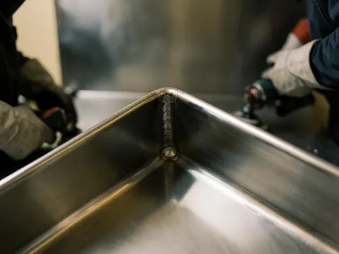 Vue rapprochée de la soudure sur le bord d'une cocotte en acier inoxydable dans une cuisine professionnelle, avec des mains au travail et un éclairage directionnel accentuant le brillant du métal.