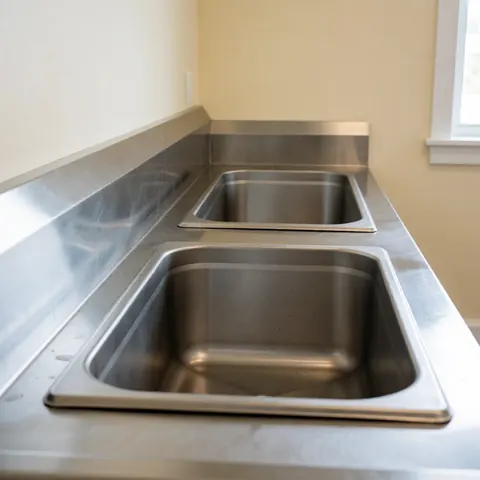 Station de lavage de poisson professionnelle avec bassins en acier inoxydable, murs beige et lumière naturelle. Idéale pour cuisines commerciales et préparation de fruits de mer.