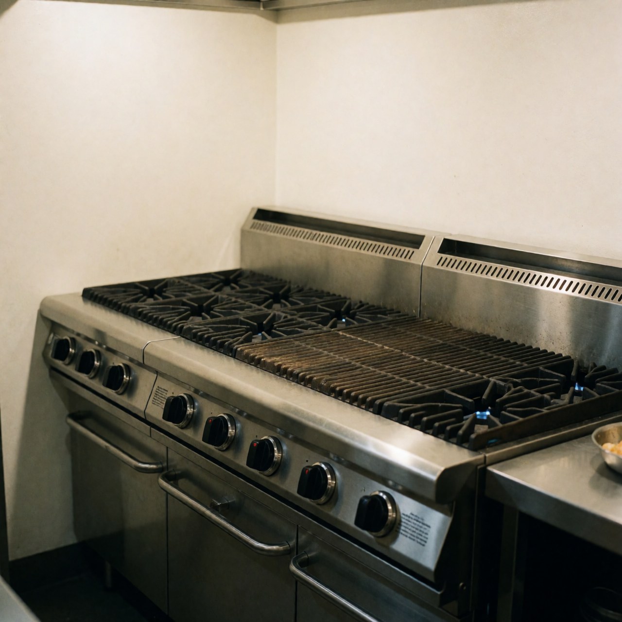 Vue de face d'une grille industrielle au gaz fabriquée en acier inoxydable, placée devant un mur blanc dans une cuisine professionnelle.