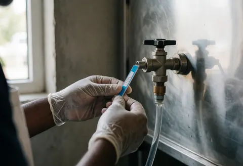 Un professionnel portant des gants prélève de l'eau sur une vanne métallique en cuisine industrielle, illustrant le contrôle qualité et l'hygiène.