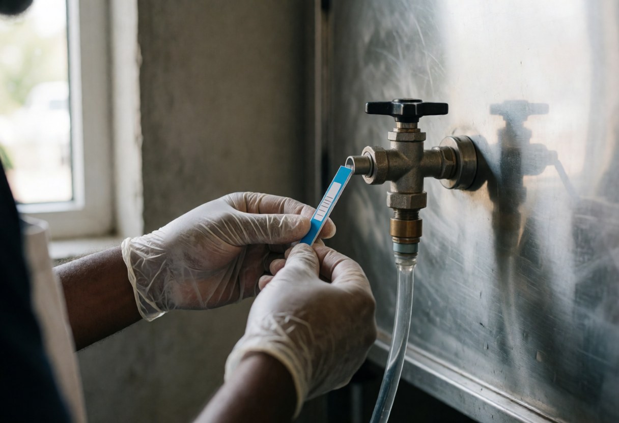 Un professionnel portant des gants prélève de l'eau sur une vanne métallique en cuisine industrielle, illustrant le contrôle qualité et l'hygiène.
